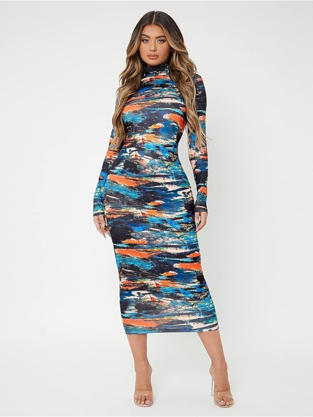 SHEIN Blue Multi Abstract Long Sleeve Midi Dress